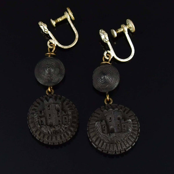 Antique Victorian Irish Bog Oak Castle Earrings - Boylerpf