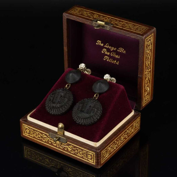 Antique Victorian Irish Bog Oak Castle Earrings - Boylerpf