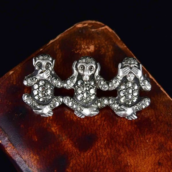 Sterling Silver Marcasite See, Hear, Speak No Evil Monkey Brooch - Boylerpf