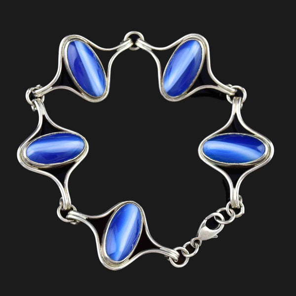 Silver Blue Banded Agate Cabochon Link Bracelet - Boylerpf