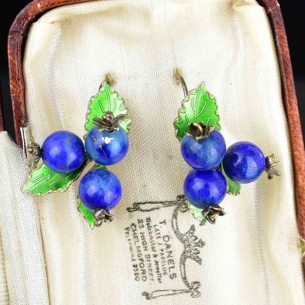 Vintage Sterling Silver Lapis Lazuli Blueberry Enamel Earrings - Boylerpf