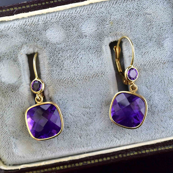 Vintage Cushion Cut Amethyst Drop Earrings in 14K Gold - Boylerpf