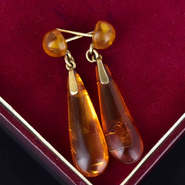 Vintage Art Deco Gold Baltic Amber Torpedo Stud Drop Earrings - Boylerpf