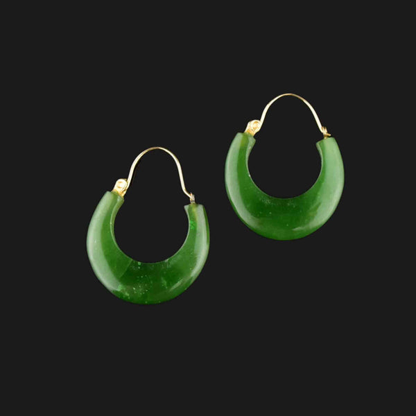 Vintage 14K Gold Carved Jade Hoop Earrings - Boylerpf