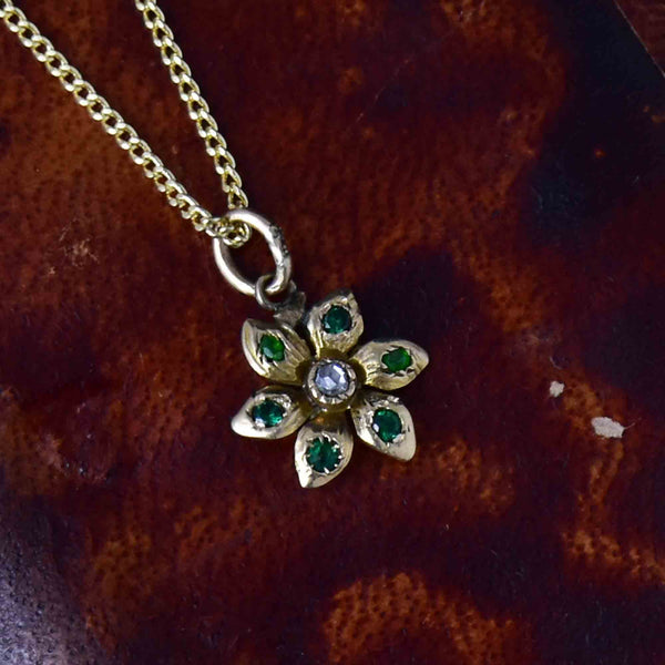 Antique 14K Gold Diamond Emerald Flower Charm Pendant Necklace - Boylerpf