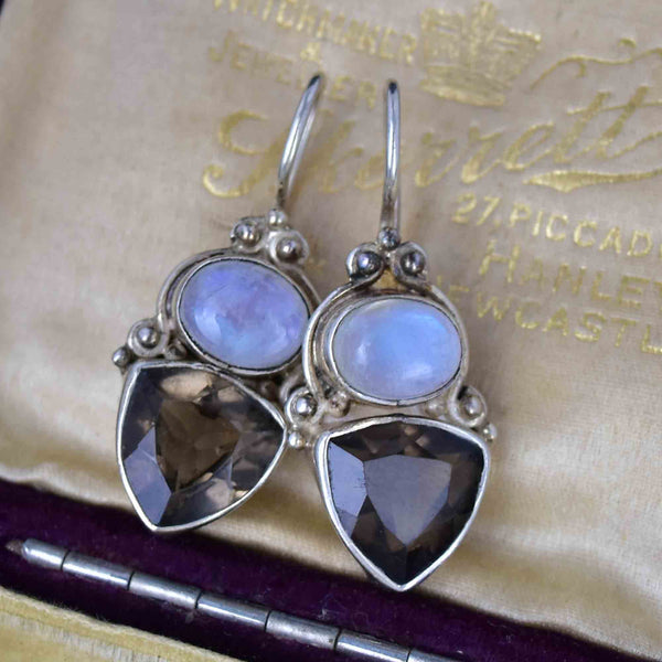 Silver Moonstone Cabochon Smoky Quartz Drop Earrings - Boylerpf