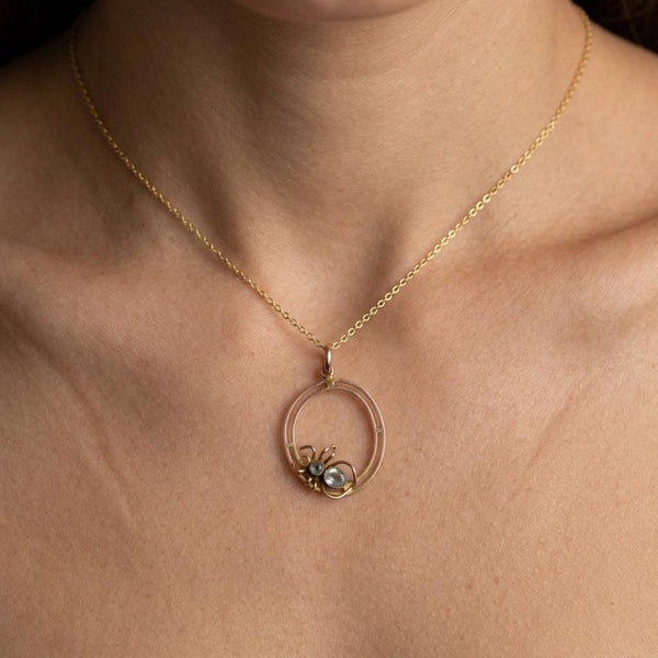 Antique Aquamarine 9K Gold Spider Pendant Necklace