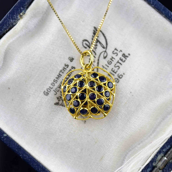 Vintage 18K Gold Filigree Blue Sapphire Pendant Necklace - Boylerpf