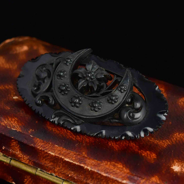 Victorian Carved Whitby Jet Crescent Moon Floral Brooch - Boylerpf