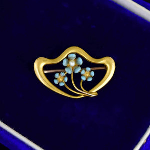 Antique Edwardian 10K Gold Blue Enamel Pearl Forget me Not Brooch - Boylerpf