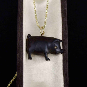 Antique Victorian 9K Gold Irish Bog Oak Pig Pendant Charm - Boylerpf