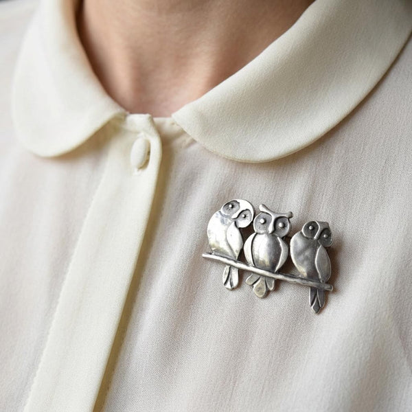 Vintage Three Wise Owls Sterling Silver Brooch