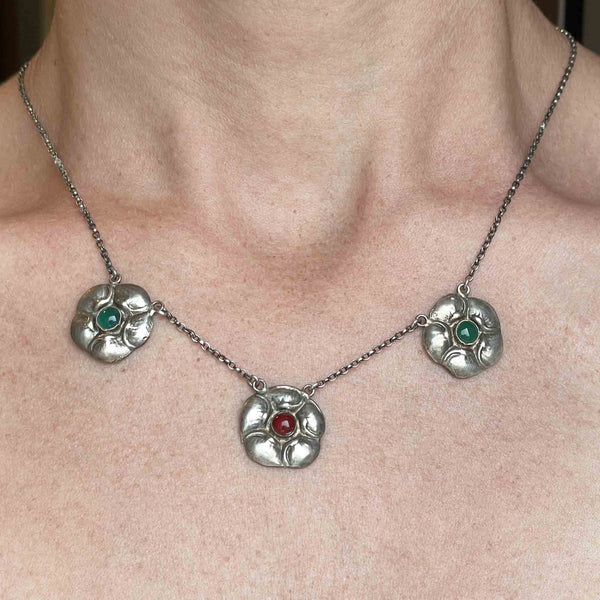 Silver Arts and Crafts Carnelian Green Agate Floral Necklace - Boylerpf