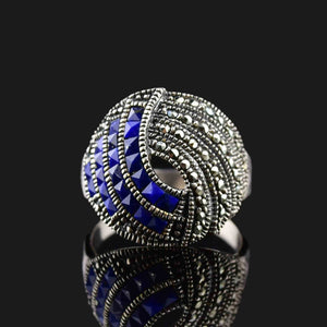 Vintage Sterling Silver Blue Stone Marcasite Dome Ring - Boylerpf