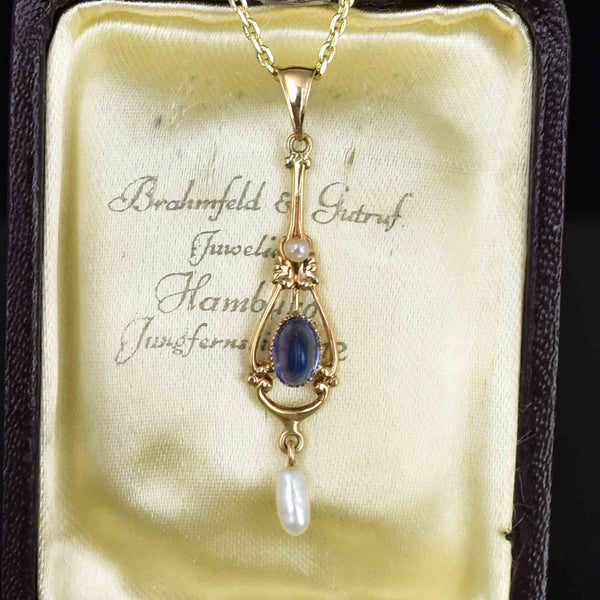 18K Gold Art Nouveau Blue Sapphire Pearl Lavaliere Necklace - Boylerpf