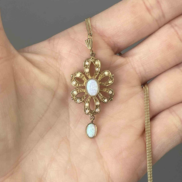 Vintage Edwardian Style Floral Opal Pendant Necklace - Boylerpf