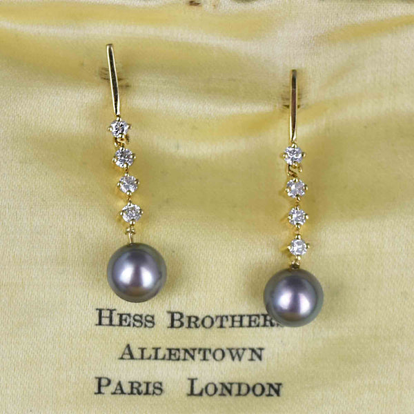 Fine 14K Gold Diamond Gray Pearl Dangle Earrings - Boylerpf