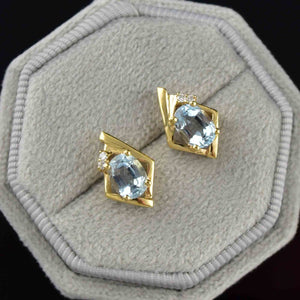 Vintage 14K Gold Aquamarine Diamond Stud Earrings - Boylerpf