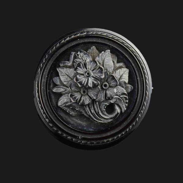 Antique Carved Whitby Jet Forget Me Not Locket Brooch - Boylerpf