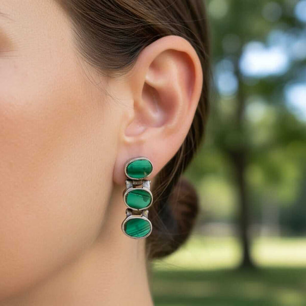 Vintage Sterling Silver Malachite Articulated Post Earrings - Boylerpf