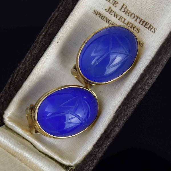 Vintage Blue Chalcedony Scarab Clip On Earrings - Boylerpf