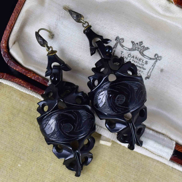 Antique Carved Whitby Jet Victorian Mourning Earrings