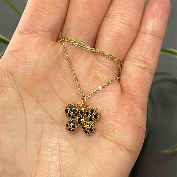 Vintage 14K Gold Double Sided Blue Sapphire Butterfly Pendant Necklace