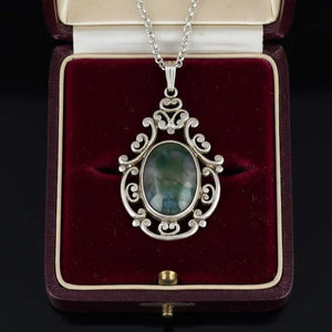 Vintage Sterling Silver Arts & Crafts Moss Agate Pendant Necklace - Boylerpf