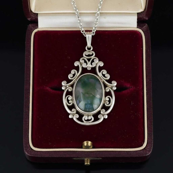 Vintage Sterling Silver Arts & Crafts Moss Agate Pendant Necklace - Boylerpf
