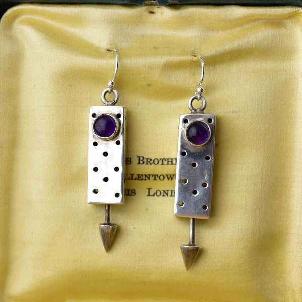 Vintage Geometric Silver Amethyst Cabochon Drop Earrings - Boylerpf