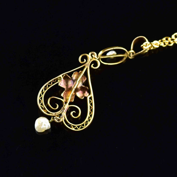 Art Nouveau 10K Gold Filigree Diamond Pearl Lavaliere Necklace - Boylerpf