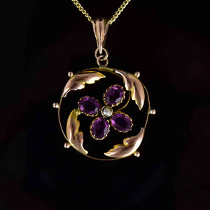 Art Nouveau Gold Amethyst Seed Pearl Floral Lavaliere Necklace - Boylerpf