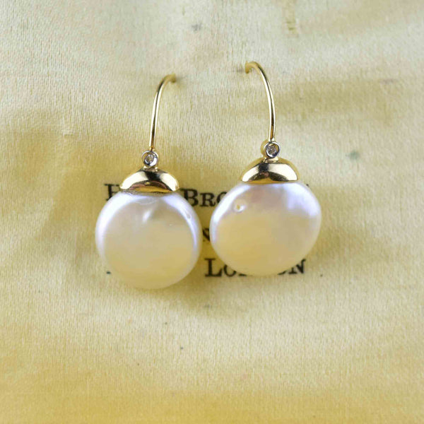 Vintage Button Baroque Pearl Diamond Earrings in 14K Gold - Boylerpf