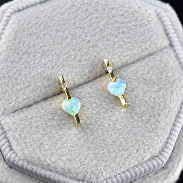 Vintage 14K Gold Var Diamond Opal Heart Earrings - Boylerpf