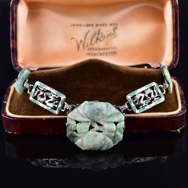 Silver Art Deco Enamel Dragon Jade Bracelet - Boylerpf
