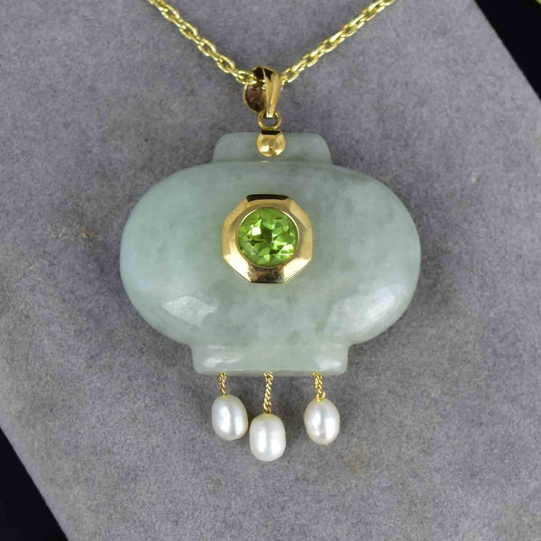 Vintage 14K Gold Carved Jade Peridot Pearl Pendant Necklace - Boylerpf