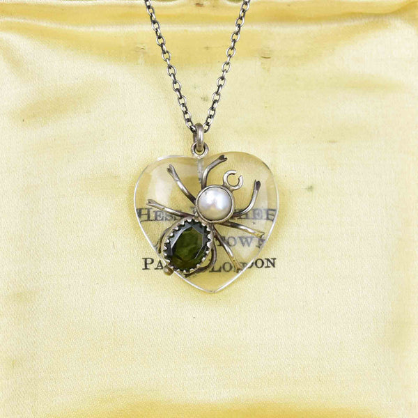 Arts and Crafts Style Tourmaline Pearl Spider Rock Crystal Heart Necklace - Boylerpf