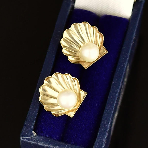 Vintage Pearl 9K Gold Scallop Shell Stud Earrings - Boylerpf