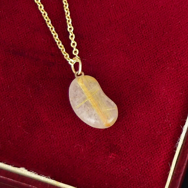 Vintage Rutilated Quartz 9K Gold Lucky Bean Necklace