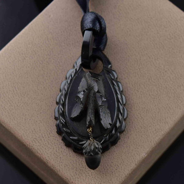 Antique Victorian Carved Whitby Jet Acorn Pendant - Boylerpf