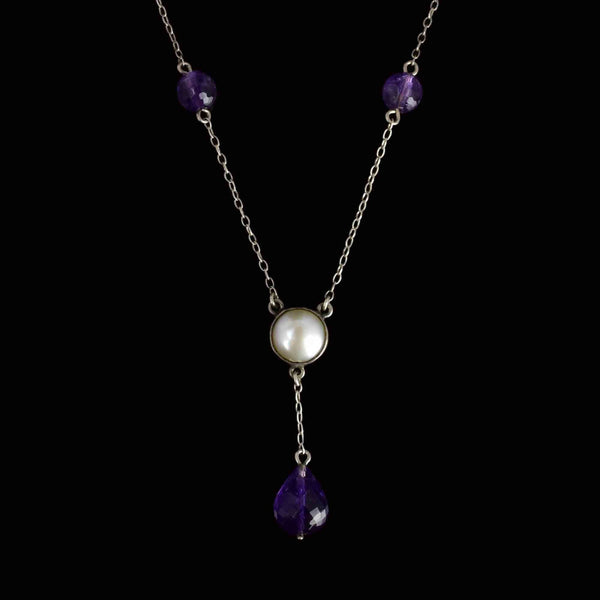 Antique Silver Amethyst Pearl Drop Pendant Necklace - Boylerpf