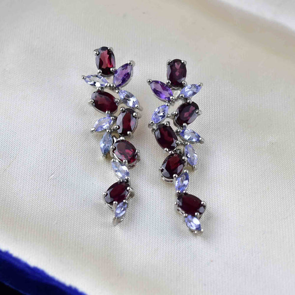 Vintage Silver Garnet Amethyst Tanzanite Drop Earrings - Boylerpf