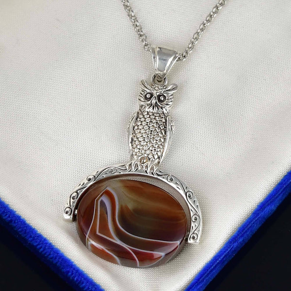 Vintage Banded Agate Sterling Silver Owl Spinner Necklace