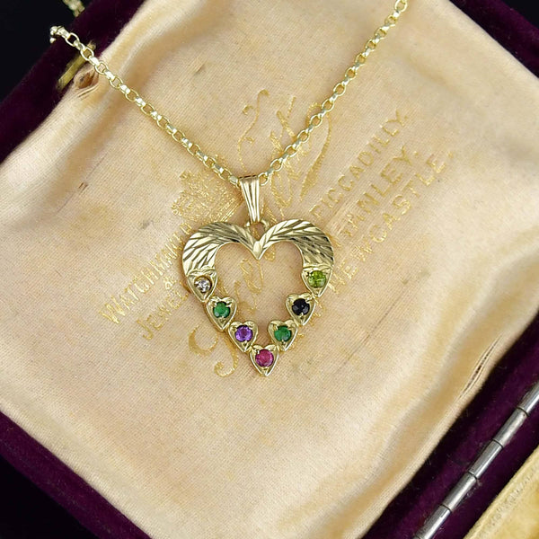 Vintage Multi Gemstone Acrostic 9K Gold Heart Pendant - Boylerpf