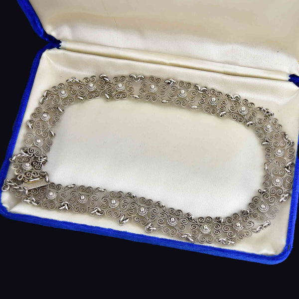 Vintage Art Deco Style Danish Silver Filigree Collar Necklace - Boylerpf