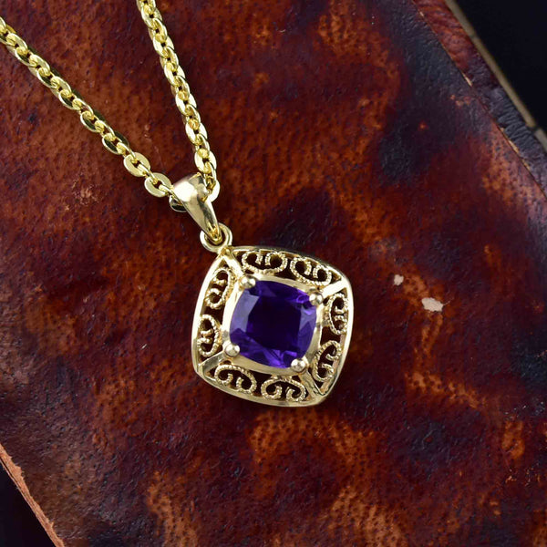 Vintage 14K Gold Filigree Amethyst Pendant Necklace - Boylerpf