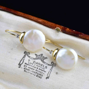 Vintage Button Baroque Pearl Diamond Earrings in 14K Gold - Boylerpf