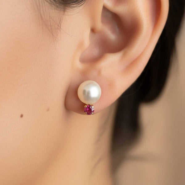 Vintage 14K Gold Ruby Pearl Stud Earrings - Boylerpf