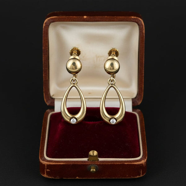 Vintage 14K Gold Diamond Drop Hoop Earrings