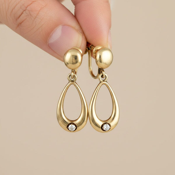 Vintage 14K Gold Diamond Drop Hoop Earrings